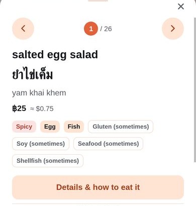Dish card in the app: salted egg salad, ยำไข่เค็ม, price in baht and dollars, tags spicy, egg, fish, possible allergens, “Details & how to eat it” button.